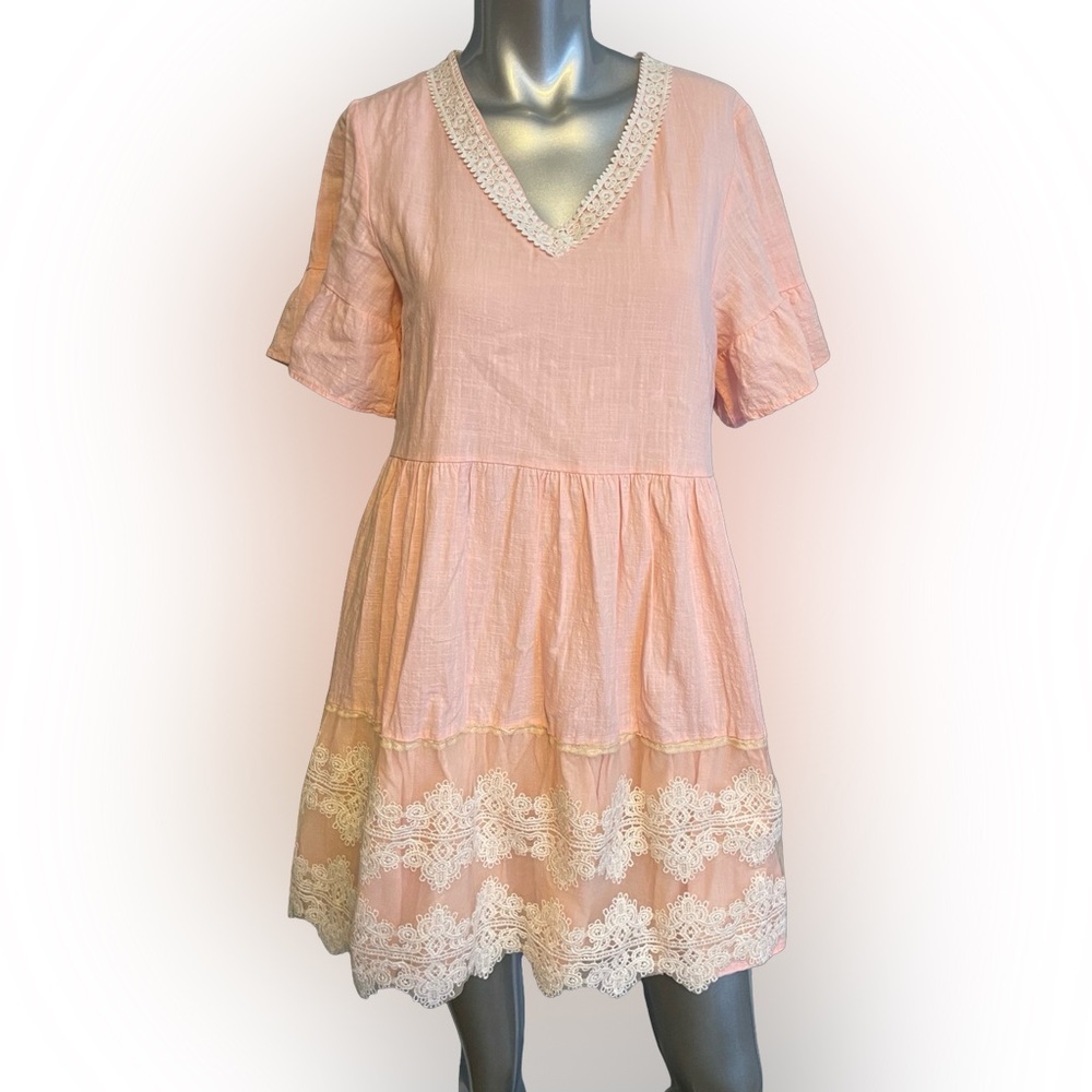 FancyInn blush Elegant Pink Lace Trim boho fairy babydoll fully lined Dress. Sml